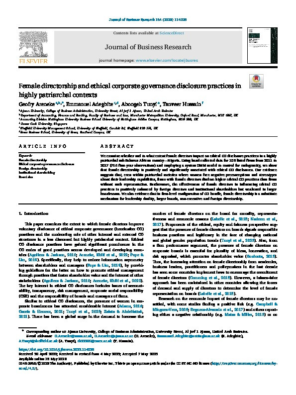 Female directorship and ethical corporate governance disclosure practices in highly patriarchal contexts Thumbnail