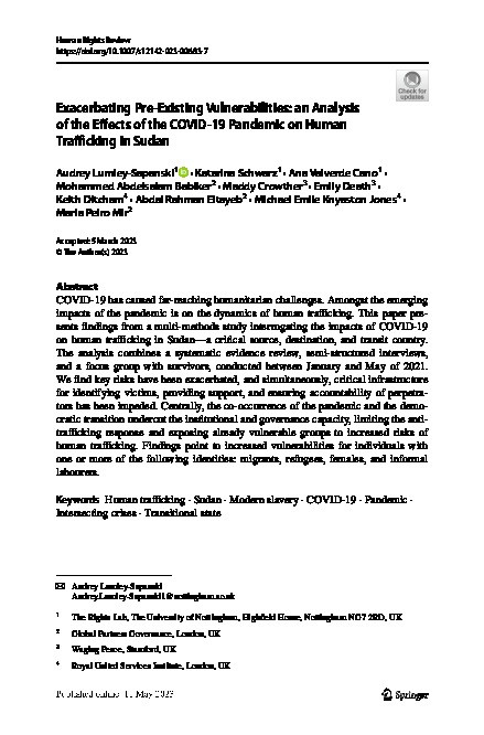 Exacerbating Pre-Existing Vulnerabilities: an Analysis of the Effects of the COVID-19 Pandemic on Human Trafficking in Sudan Thumbnail