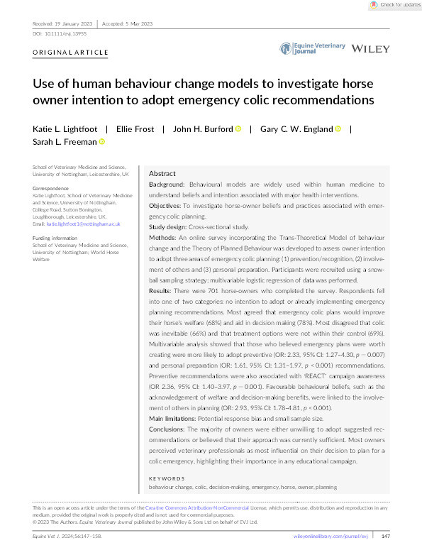 Use of human behaviour change models to investigate horse owner intention to adopt emergency colic recommendations Thumbnail
