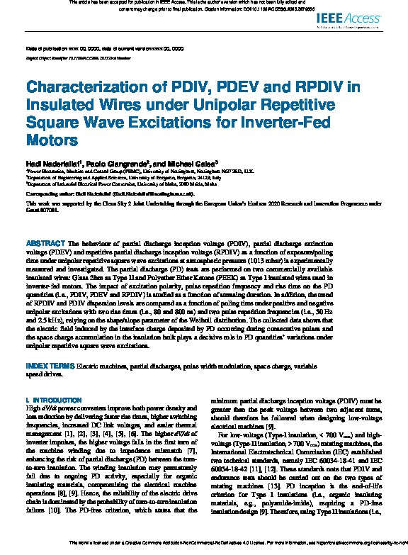 Characterization of PDIV, PDEV and RPDIV in Insulated Wires under Unipolar Repetitive Square Wave Excitations for Inverter-Fed Motors Thumbnail