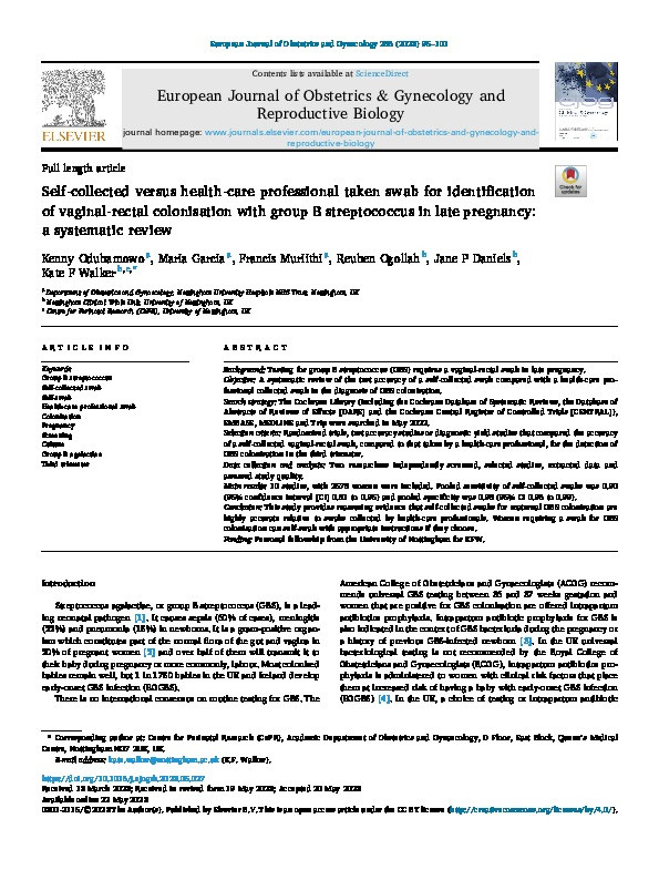 Self-collected versus health-care professional taken swab for identification of vaginal-rectal colonisation with group B streptococcus in late pregnancy: a systematic review Thumbnail
