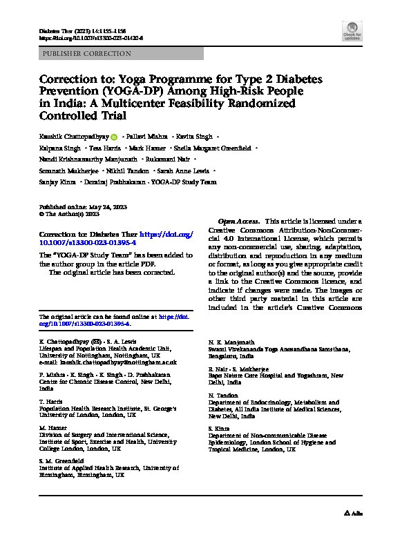 Correction to: Yoga Programme for Type 2 Diabetes Prevention (YOGA-DP) Among High-Risk People in India: A Multicenter Feasibility Randomized Controlled Trial Thumbnail