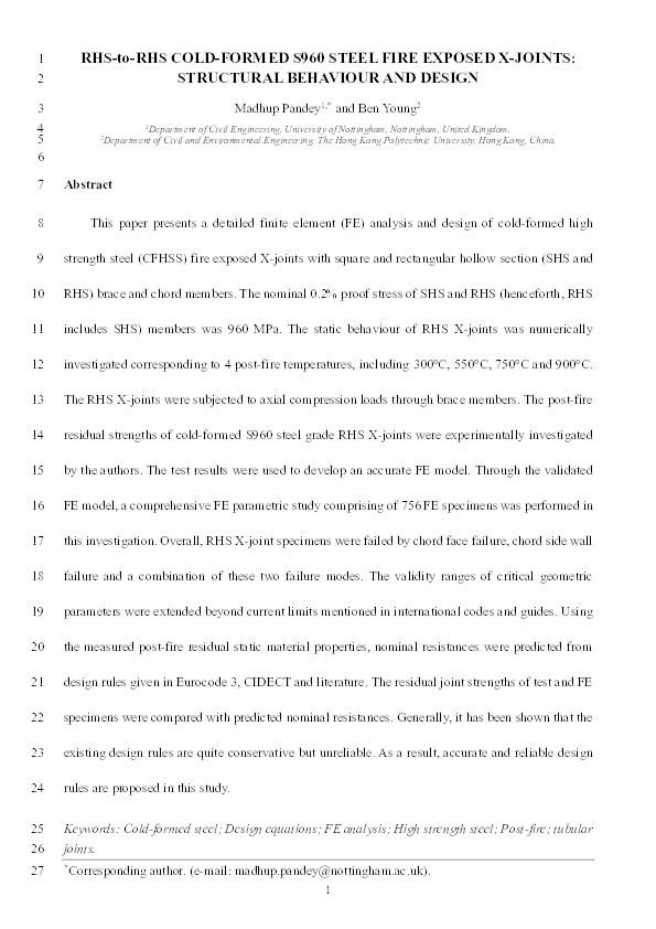 RHS-to-RHS cold-formed S960 steel fire exposed X-joints: Structural behaviour and design Thumbnail