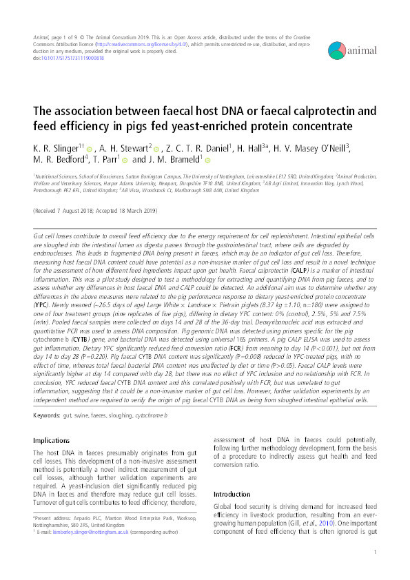 The association between faecal host DNA or faecal calprotectin and feed efficiency in pigs fed yeast-enriched protein concentrate Thumbnail