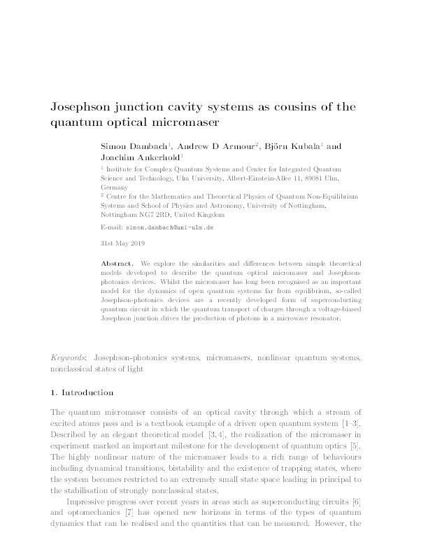 Josephson junction cavity systems as cousins of the quantum optical micromaser Thumbnail