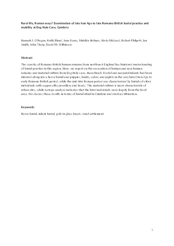 Rural Life, Roman Ways? Examination of Late Iron Age to Late Romano-British Burial Practice and Mobility at Dog Hole Cave, Cumbria Thumbnail