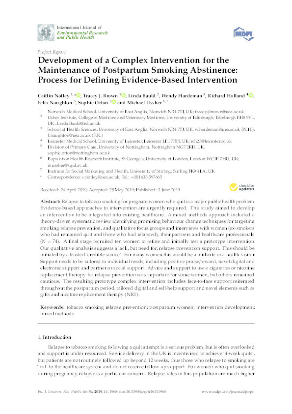 Development of a Complex Intervention for the Maintenance of Postpartum Smoking Abstinence: Process for Defining Evidence-Based Intervention Thumbnail