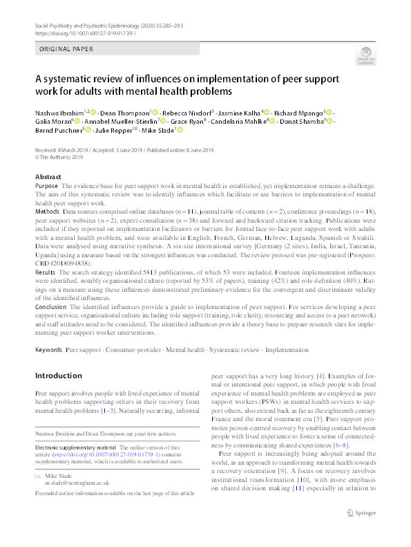 A systematic review of influences on implementation of peer support work for adults with mental health problems Thumbnail