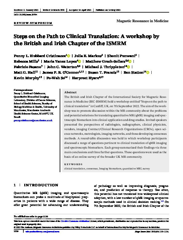 Steps on the Path to Clinical Translation: A workshop by the British and Irish Chapter of the ISMRM Thumbnail