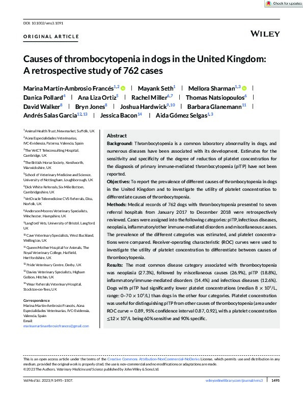 Causes of thrombocytopenia in dogs in the United Kingdom: A retrospective study of 762 cases Thumbnail