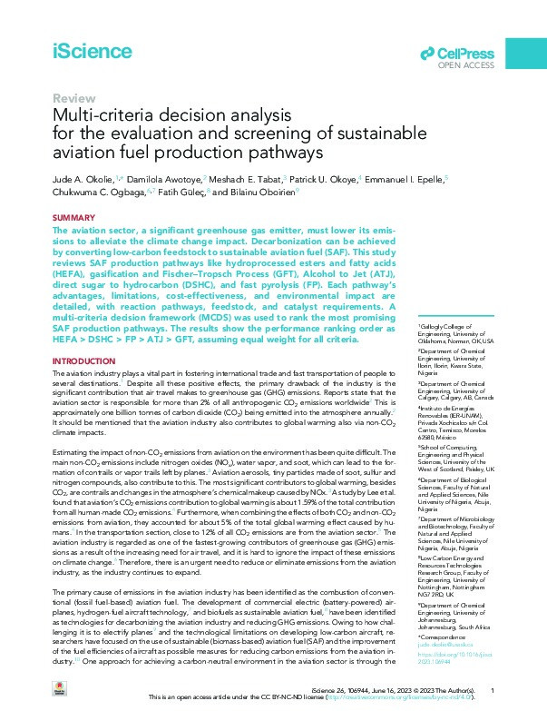 Multi-criteria decision analysis for the evaluation and screening of sustainable aviation fuel production pathways Thumbnail