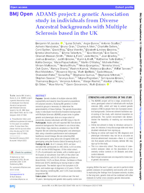 ADAMS project: a genetic Association study in individuals from Diverse Ancestral backgrounds with Multiple Sclerosis based in the UK. Thumbnail