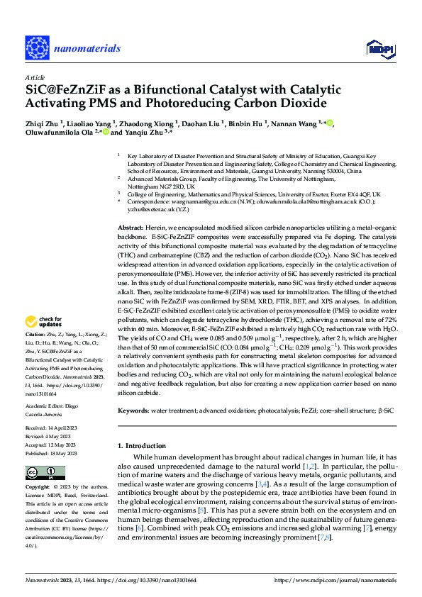 SiC@FeZnZiF as a Bifunctional Catalyst with Catalytic Activating PMS and Photoreducing Carbon Dioxide Thumbnail