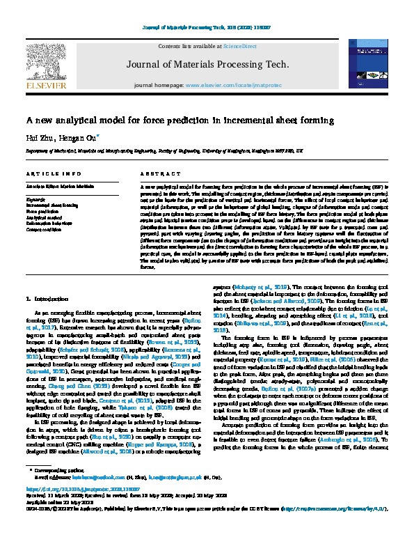 A new analytical model for force prediction in incremental sheet forming Thumbnail