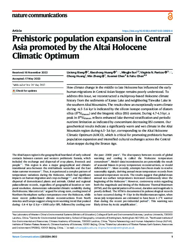 Prehistoric population expansion in Central Asia promoted by the Altai Holocene Climatic Optimum Thumbnail