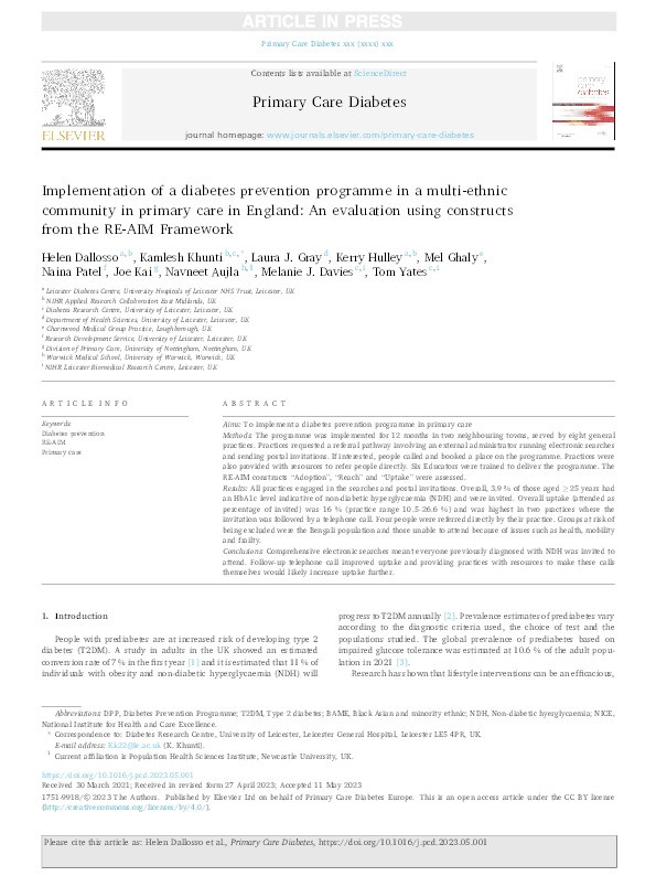 Implementation of a diabetes prevention programme in a multi-ethnic community in primary care in England: An evaluation using constructs from the RE-AIM Framework Thumbnail