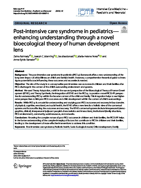 Post-intensive care syndrome in pediatrics—enhancing understanding through a novel bioecological theory of human development lens Thumbnail