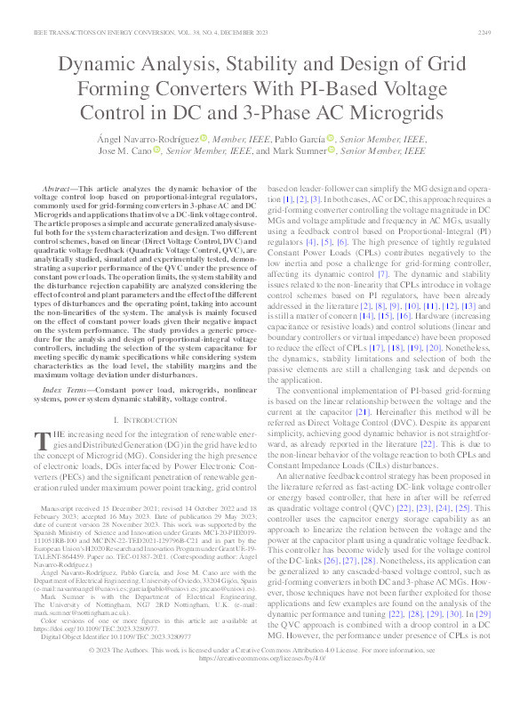 Dynamic Analysis, Stability and Design of Grid Forming Converters With PI-Based Voltage Control in DC and 3-Phase AC Microgrids Thumbnail