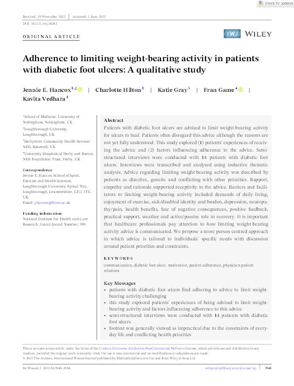 Adherence to limiting weight-bearing activity in patients with diabetic foot ulcers: A qualitative study Thumbnail