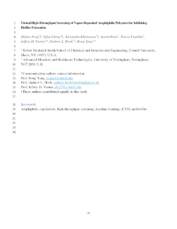 Virtual High‐Throughput Screening of Vapor‐Deposited Amphiphilic Polymers for Inhibiting Biofilm Formation Thumbnail