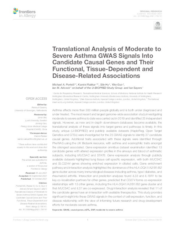 Translational Analysis of Moderate to Severe Asthma GWAS Signals Into Candidate Causal Genes and Their Functional, Tissue-Dependent and Disease-Related Associations Thumbnail