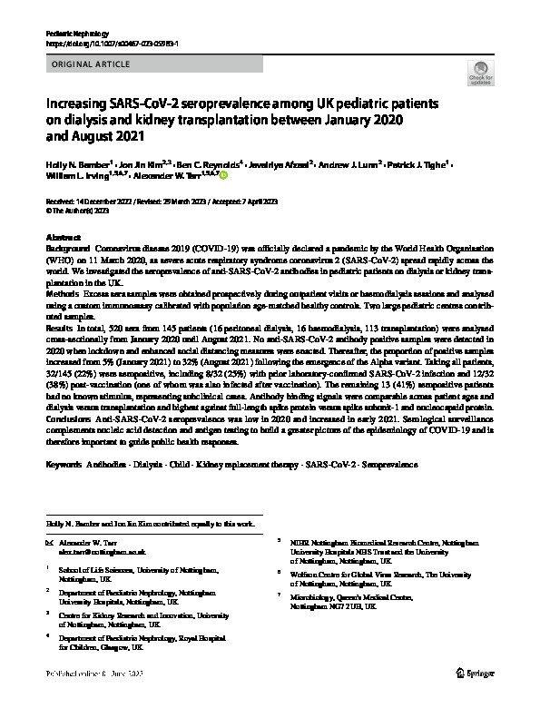 Increasing SARS-CoV-2 seroprevalence among UK pediatric patients on dialysis and kidney transplantation between January 2020 and August 2021 Thumbnail