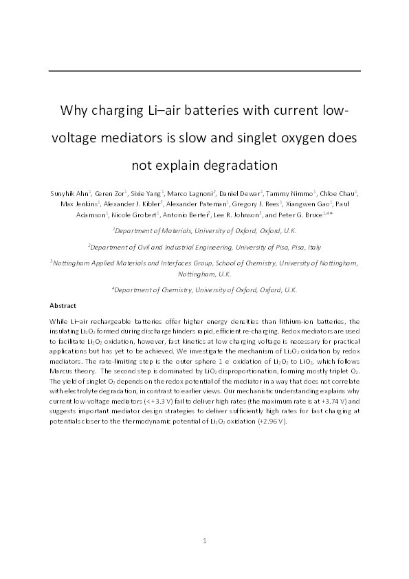 Why charging Li–air batteries with current low-voltage mediators is slow and singlet oxygen does not explain degradation Thumbnail
