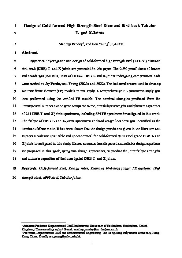 Design of Cold-Formed High-Strength Steel Diamond Bird-Beak Tubular T-Joints and X-Joints Thumbnail