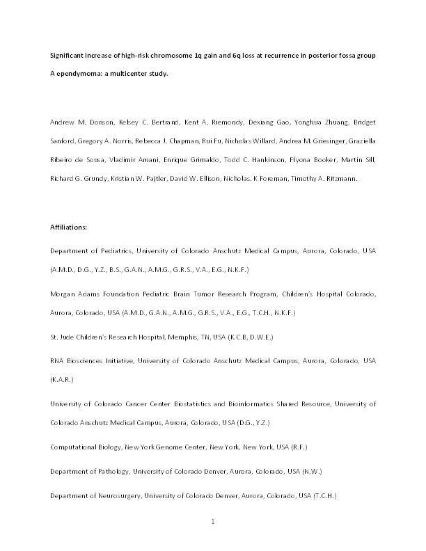 Significant increase of high-risk chromosome 1q gain and 6q loss at recurrence in posterior fossa group A ependymoma: a multicenter study Thumbnail