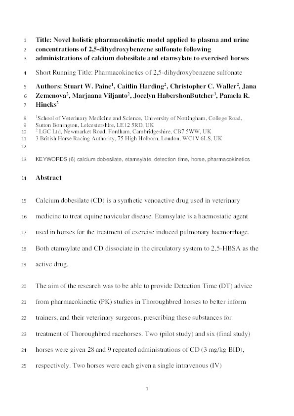 Novel holistic pharmacokinetic model applied to plasma and urine concentrations of 2,5‐dihydroxybenzene sulphonate following administrations of calcium dobesilate and etamsylate to exercised horses Thumbnail