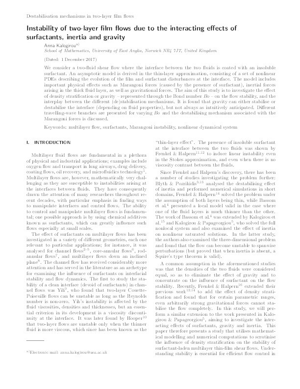 Instability of two-layer film flows due to the interacting effects of surfactants, inertia, and gravity Thumbnail