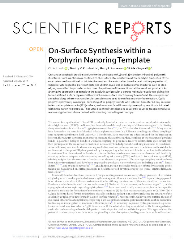 On-Surface Synthesis within a Porphyrin Nanoring Template Thumbnail