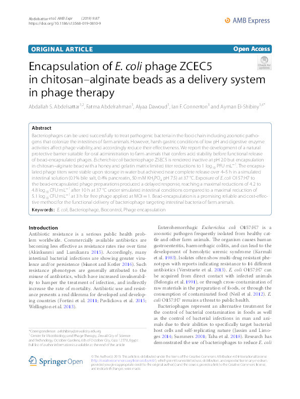 Encapsulation of E. coli phage ZCEC5 in chitosan-alginate beads as a delivery system in phage therapy Thumbnail