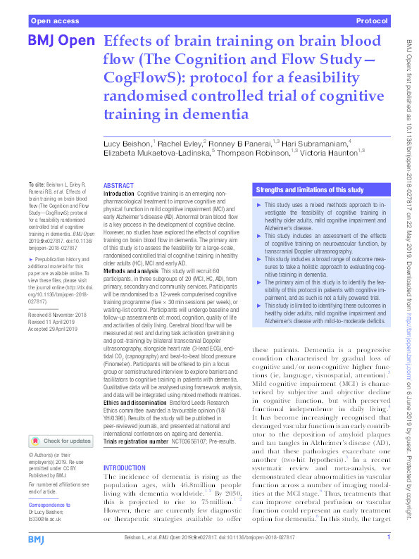 Effects of brain training on brain blood flow (The Cognition and Flow Study—CogFlowS): protocol for a feasibility randomised controlled trial of cognitive training in dementia Thumbnail