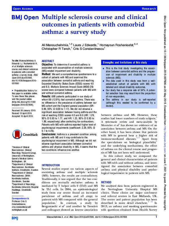 Multiple sclerosis course and clinical outcomes in patients with comorbid asthma: a survey study Thumbnail