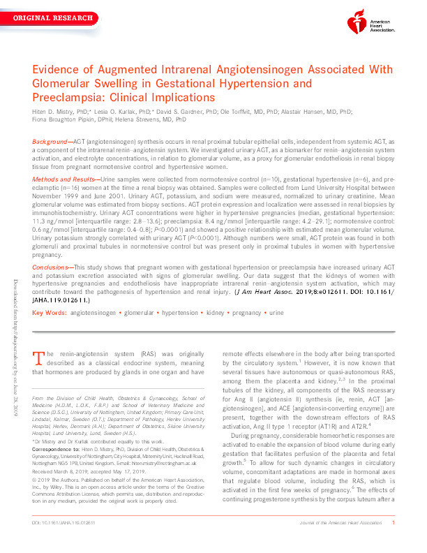 Evidence of augmented intrarenal angiotensinogen associated with glomerular swelling in gestational hypertension and pre-eclampsia: clinical implications Thumbnail