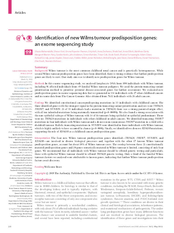 Identification of new Wilms tumour predisposition genes: an exome sequencing study Thumbnail