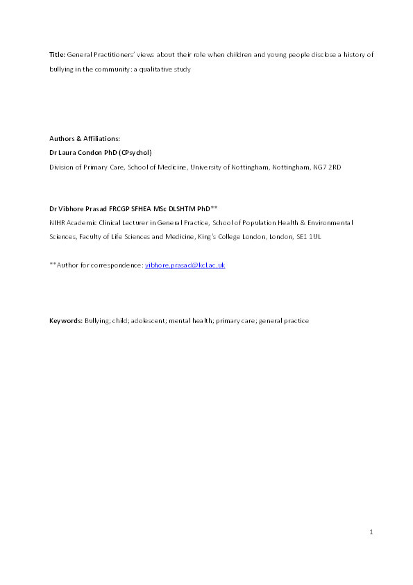 GP views on their role in bullying disclosure by children and young people in the community: a cross-sectional qualitative study in English primary care Thumbnail