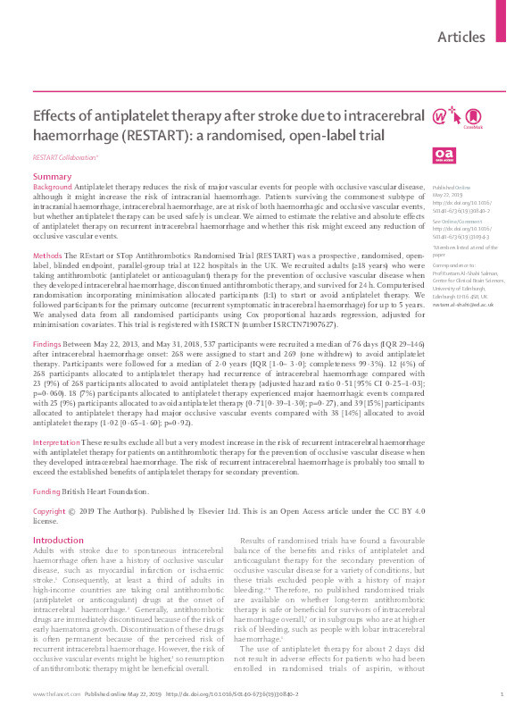Effects of antiplatelet therapy after stroke due to intracerebral haemorrhage (RESTART): a randomised, open-label trial Thumbnail
