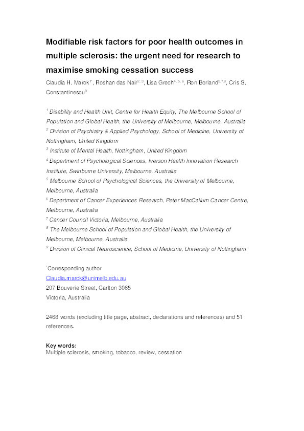 Modifiable risk factors for poor health outcomes in multiple sclerosis: the urgent need for research to maximise smoking cessation success Thumbnail