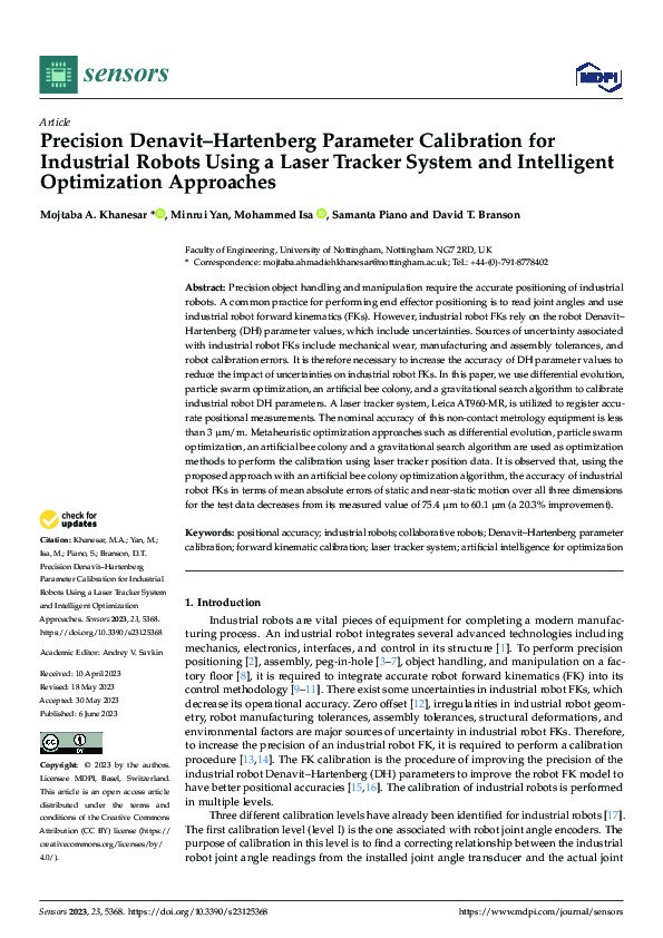Precision Denavit–Hartenberg Parameter Calibration for Industrial Robots Using a Laser Tracker System and Intelligent Optimization Approaches Thumbnail