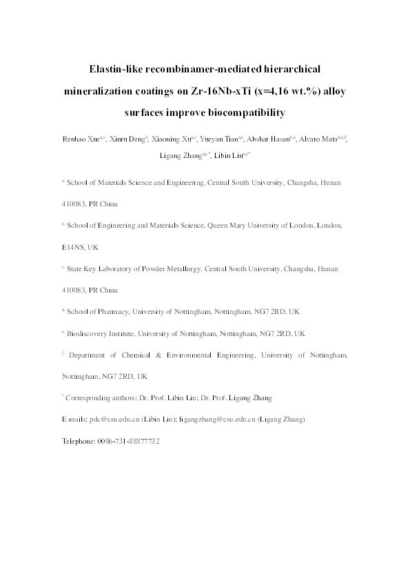 Elastin-like recombinamer-mediated hierarchical mineralization coatings on Zr-16Nb-xTi (x=4,16wt%) alloy surfaces improve biocompatibility Thumbnail