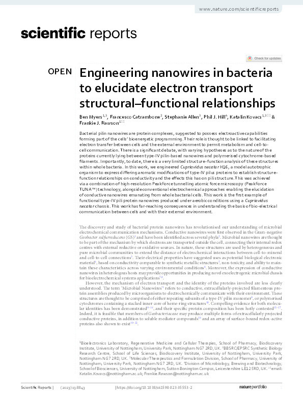 Engineering nanowires in bacteria to elucidate electron transport structural–functional relationships Thumbnail