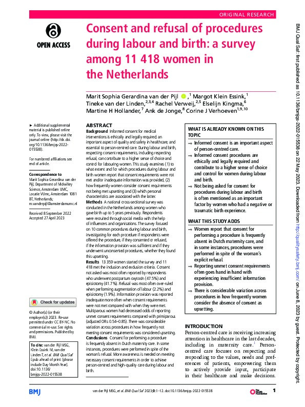 Consent and refusal of procedures during labour and birth: a survey among 11 418 women in the Netherlands Thumbnail