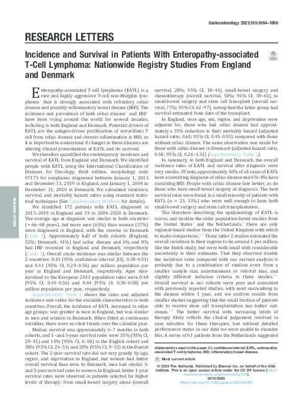 Incidence and Survival in Patients With Enteropathy-associated T-Cell Lymphoma: Nationwide Registry Studies From England and Denmark Thumbnail