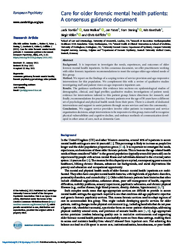 Care for older forensic mental health patients: A consensus guidance document Thumbnail