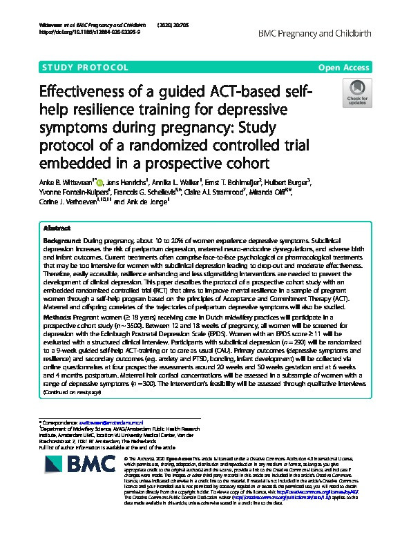 Effectiveness of a guided ACT-based self-help resilience training for depressive symptoms during pregnancy: Study protocol of a randomized controlled trial embedded in a prospective cohort Thumbnail