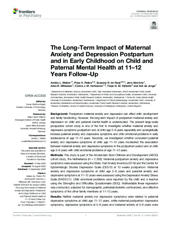 The Long-Term Impact of Maternal Anxiety and Depression Postpartum and in Early Childhood on Child and Paternal Mental Health at 11–12 Years Follow-Up Thumbnail