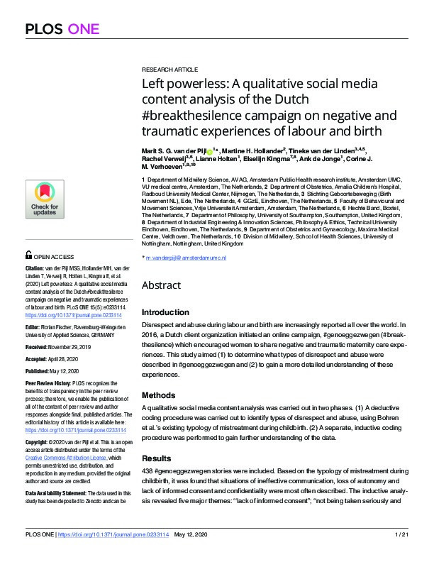 Left powerless: A qualitative social media content analysis of the Dutch #breakthesilence campaign on negative and traumatic experiences of labour and birth Thumbnail