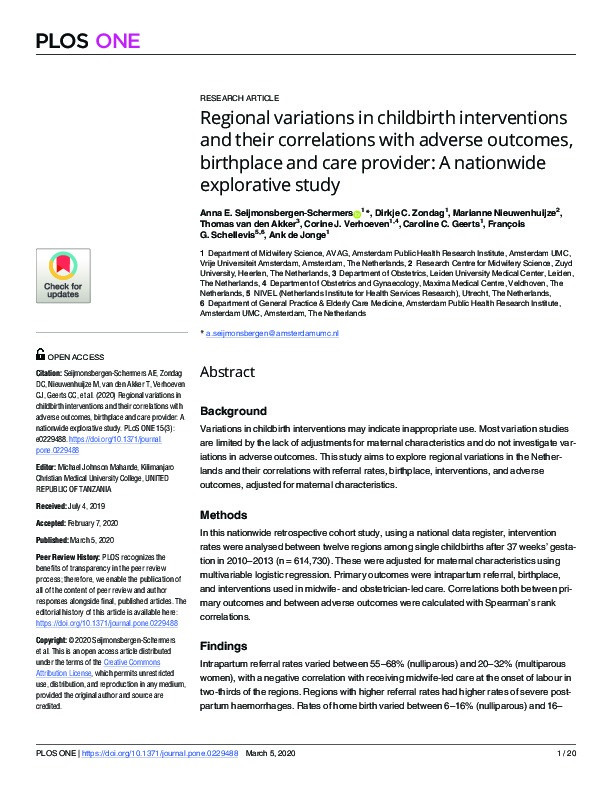 Regional variations in childbirth interventions and their correlations with adverse outcomes, birthplace and care provider: A nationwide explorative study Thumbnail